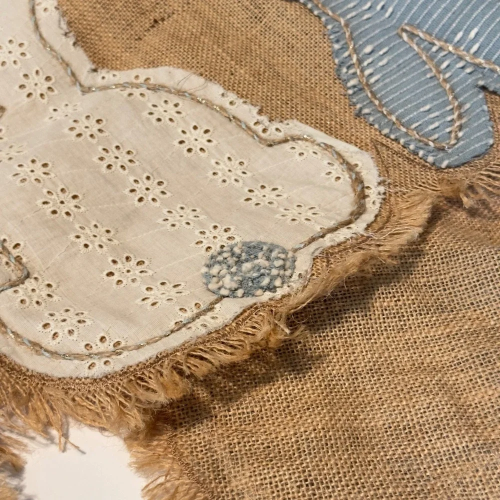 Shabby Chic Jute Bunny Table Runner Tan Blue Eyelet Easter Farmhouse 54x16
